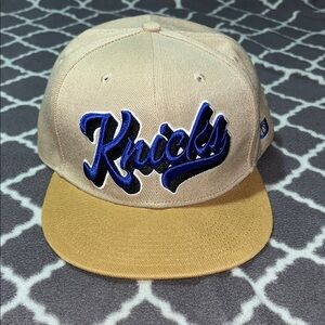 Ultra Game NY Knicks Script Logo SnapBack Hat - Tan and Blue - OSFM